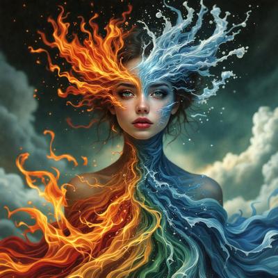 The primary subject of the image is a woman with a mix of red, blue, and orange colors on her face. She is surrounded by a water-like background, which adds to the overall atmosphere of the scene. The visual style of the image is a combination of digital art and illustration, creating a unique and captivating representation of the woman. The colors and mood of the image are vibrant and dynamic, with the red, blue, and orange hues evoking a sense of energy and creativity.